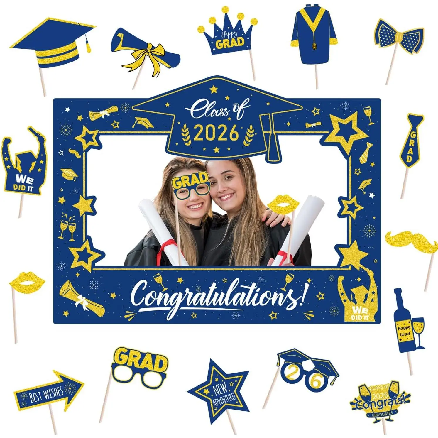 Graduation Decorations Class of 2026 Photo Booth Props - Blue and  2026 Graduation Frame & Photo Props Congrats Grad Class of 2026 Decor for Graduation Party Supplies