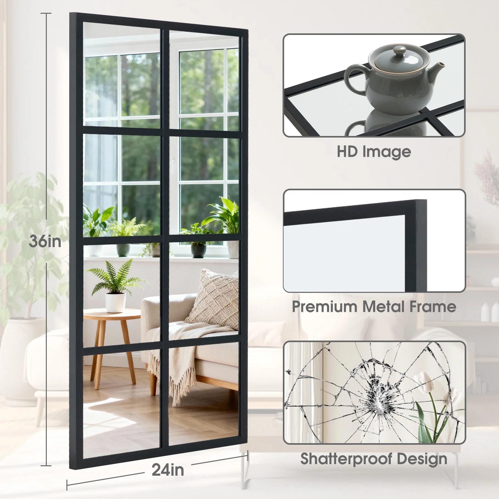Rectangular Window Pane Decorative Wall Mirror with Black Metal Grid Frame, Modern Geometric Style Mirror for Living Room Bedroom Entryway, Stylish Home Decor Accent with Unique Grid Pattern and Sleek Black Finish
