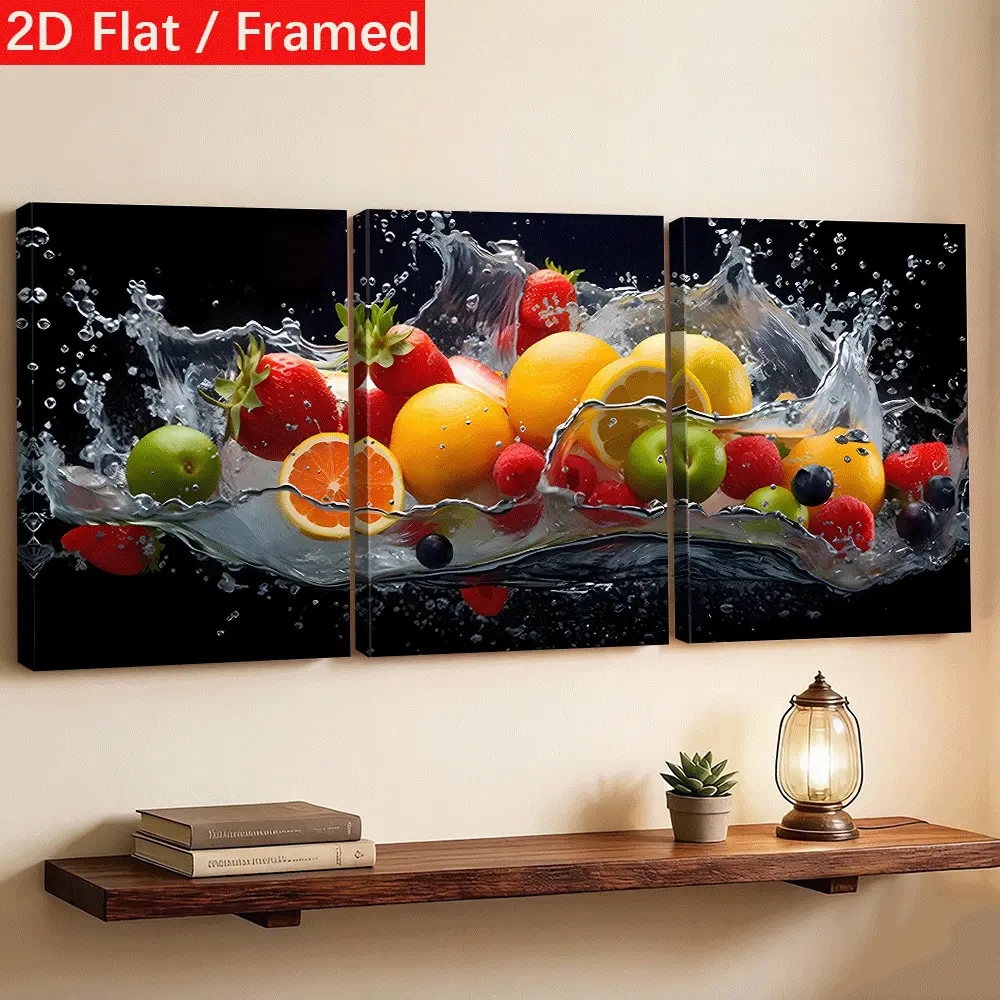 Artistic 3-Piece Woody Framed Canvas Painting, Modern High-Definition Fresh Fruit Poster, Light Luxury Kitchen Home Decor, Ideal Father's Day/Thanksgiving Gift for Fruit-Themed Spaces, Plaid