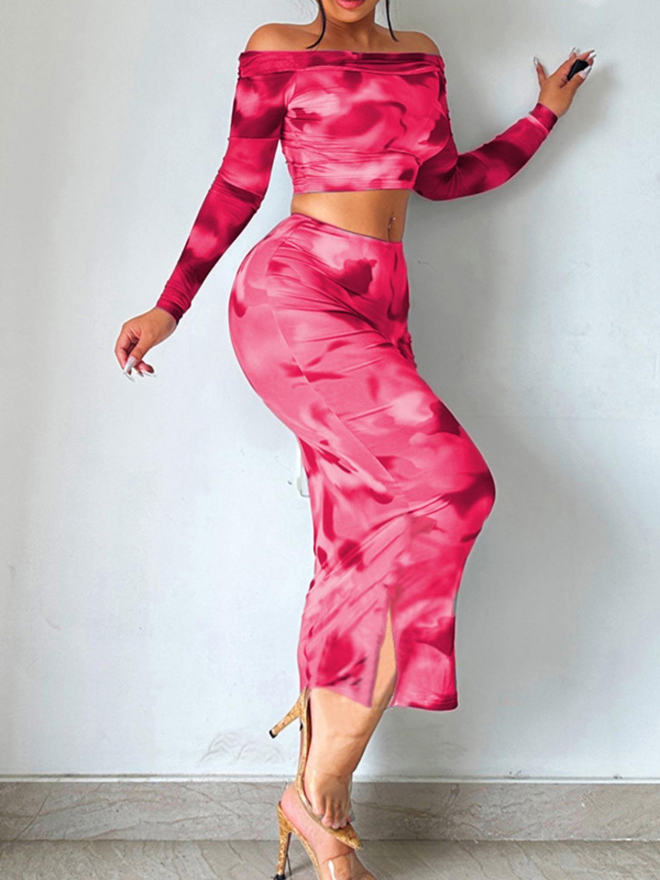 Women's All Over Print Skirt Set, Elegant Chic Off Shoulder Crop Long Sleeve Top & High Waist Bodycon Skirt Set, Fashion Casual Two Piece Outfits for Party Club Dating, Ladies Clothes for All Seasons Valentine's Day, Gift