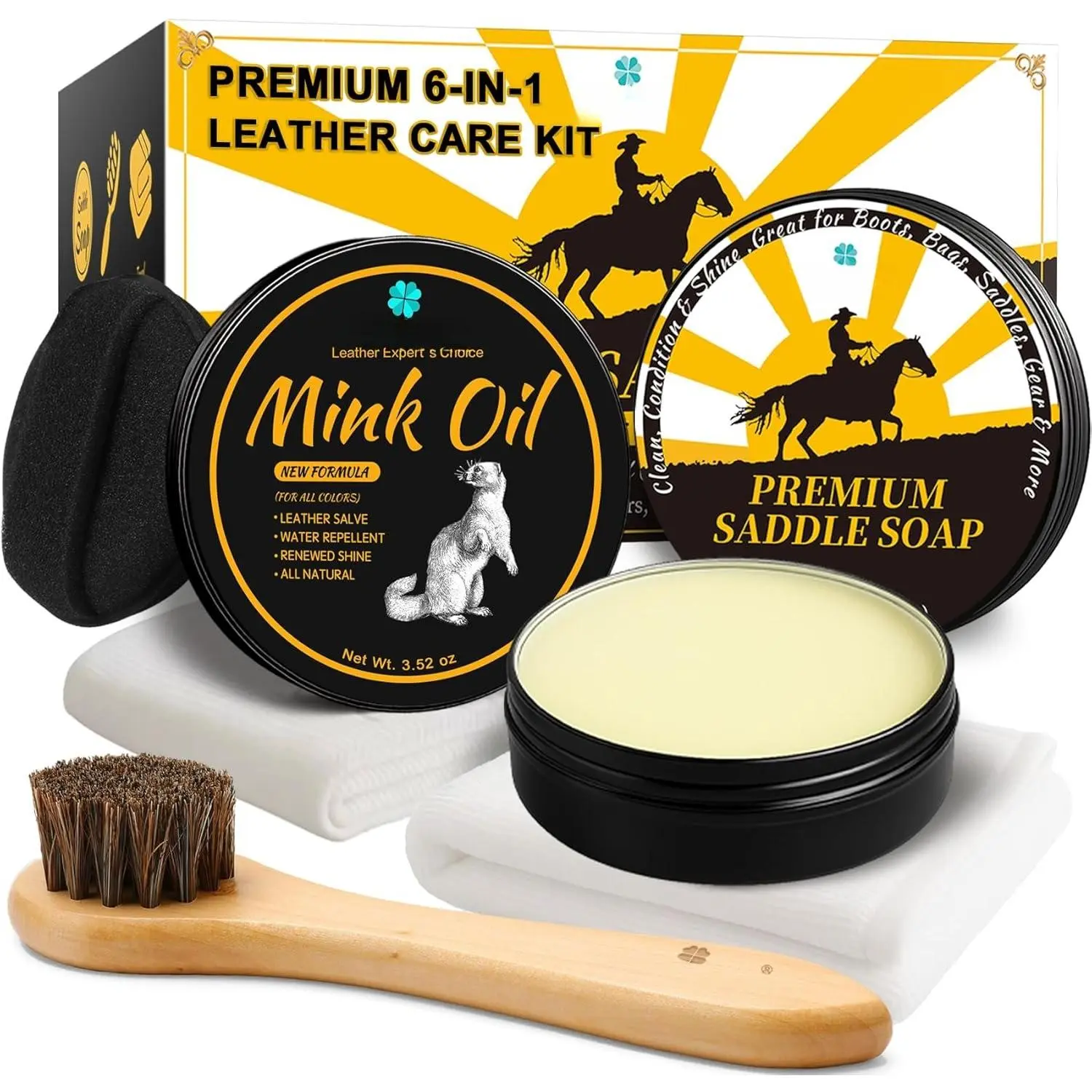 Leather Boot Care Kit -  Oil & Saddle Soap for Leather with Applicators & Cloths - 6- Leather Shoe Care Kit for Cowboy Boots, Work Boots, Shoes & Tack