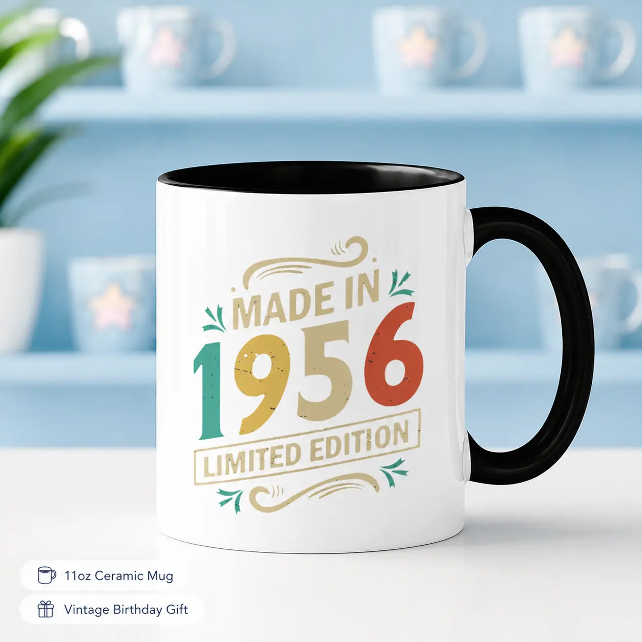Made in 1956 Limited Edition Mug, 11oz Vintage Birthday Ceramic Coffee Mug with Black Handle, Retro 1956 Cup Gift for Men Women, 69th Birthday Gift, Funny Unique Tea Mug