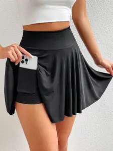 Women's Solid Color Pocket Design Skort, Casual Fashion 2 IN 1 Skirt for Daily Outdoor Wear, Ladies Bottoms for Summer