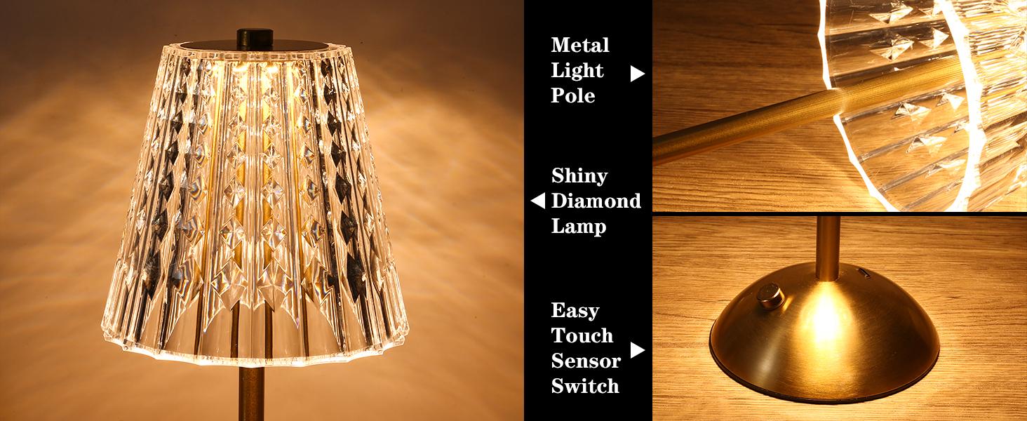 Cordless lamp,Dimmable Crystal Table Lamp 3 Colors LED Gold Lamp,Touch Lamp Diamond Crystal Lamp, Rechargeable Small Lamp, Wireless Lamp Vintage Lamp for Bedroom Living Room Bathroom Hotel Bar