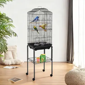 60" Large Bird Cage with Play Top and Rolling Stand, Heavy-Duty Wrought Iron 25 Lbs, Play Top, Rolling Stand, Stainless Bowls, Non-Toxic Coating, Flight Cage for Parakeets, Cockatiels, Conures, Finches