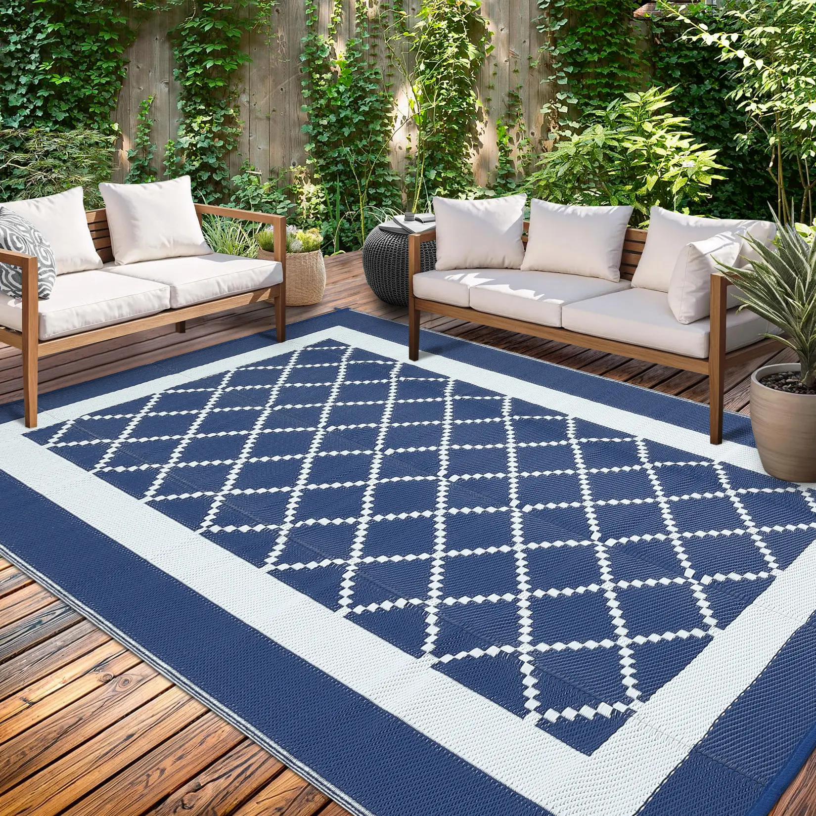 Outdoor Patio Rug Waterproof Reversible Plastic Straw Mat with 4 Stakes and Storage Bag, Modern Geometric Large Floor Carpet Lightweight Foldable Camping Mat for Outdoors RV Patio Backyard Picnic