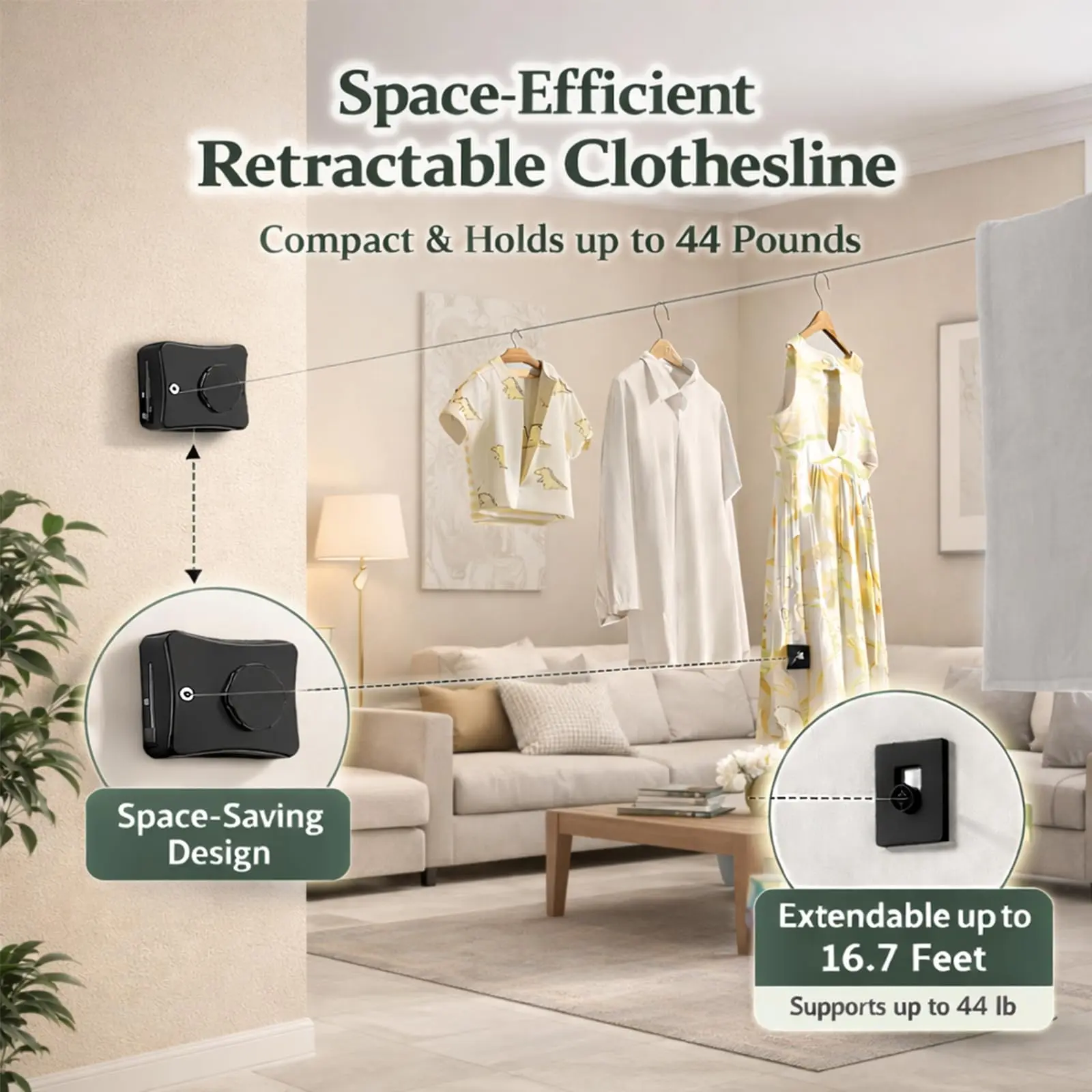 Retractable Clothesline Indoor Outdoor - Max Load 44 lbs, Heavy Duty Clothes Line for Indoors & Outside