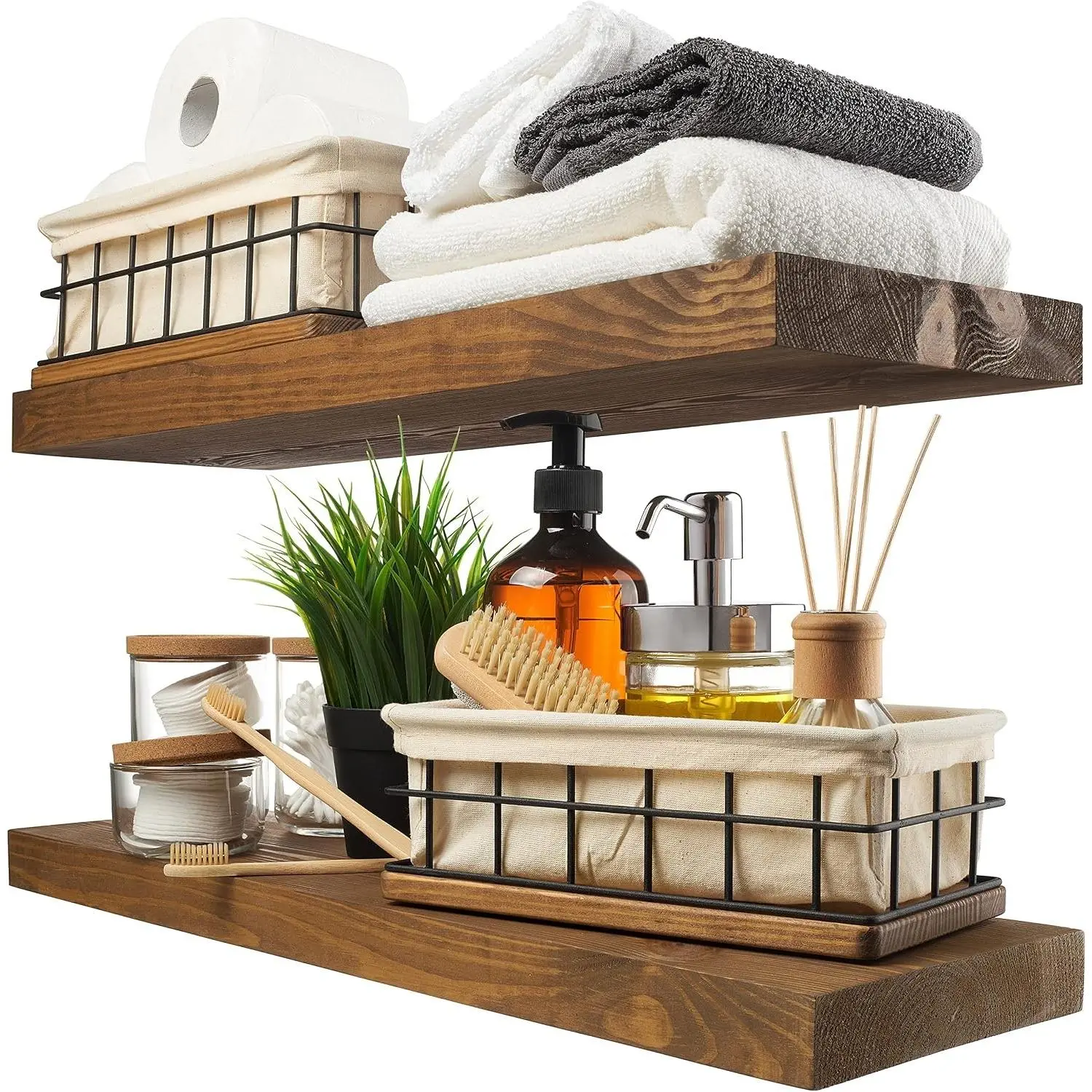 Wood Floating Shelves, Bathroom Shelf 24 inch, Walnut Floating Shelf for Wall Mounted, Solid Wooden Wall Shelves for Bedroom Kitchen, Walnut Finish, 24 x 6.7, Set of 2