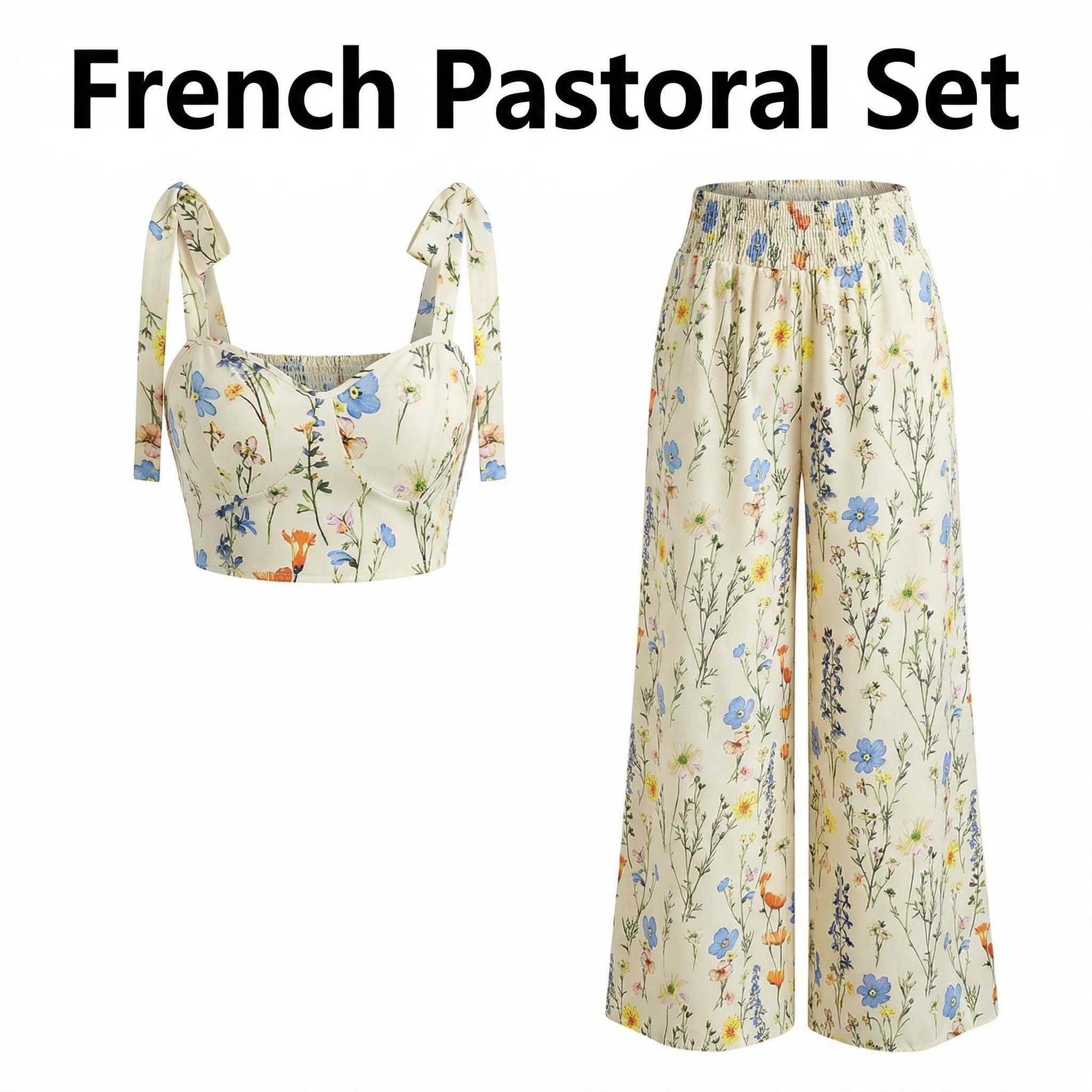 Women's French Floral Print Sleeveless Tank Top and Wide-Leg Pants Set — Casual Two-Piece Set — Four-Way Stretch Breathable Fabric — Elegant and Refined