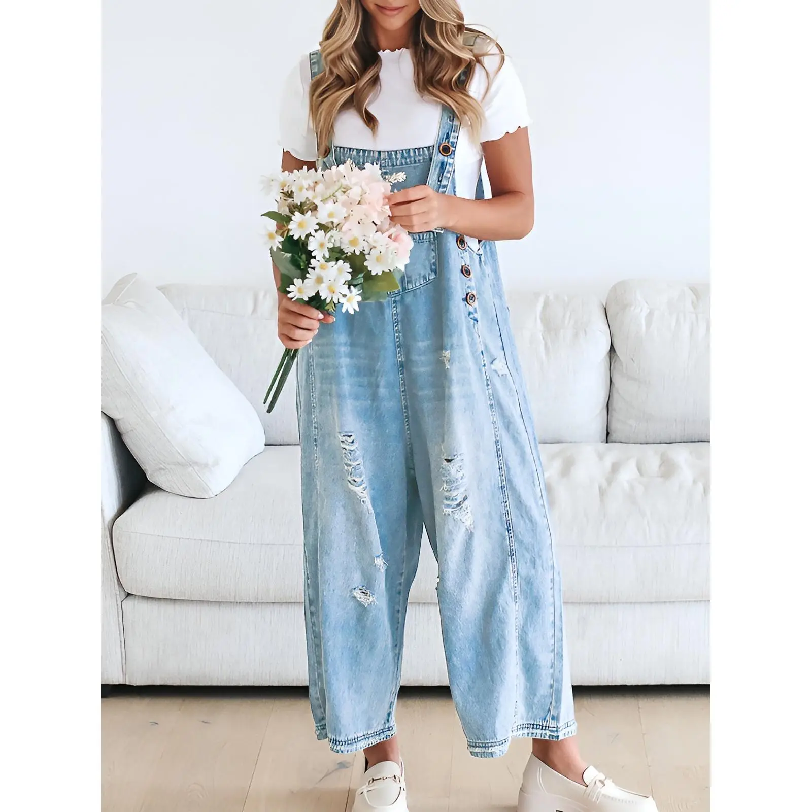 Imily Bela Women's Casual Denim Overalls Loose Adjustable Strap Distressed Bib Jeans Overall Jumpsuits with Pocket