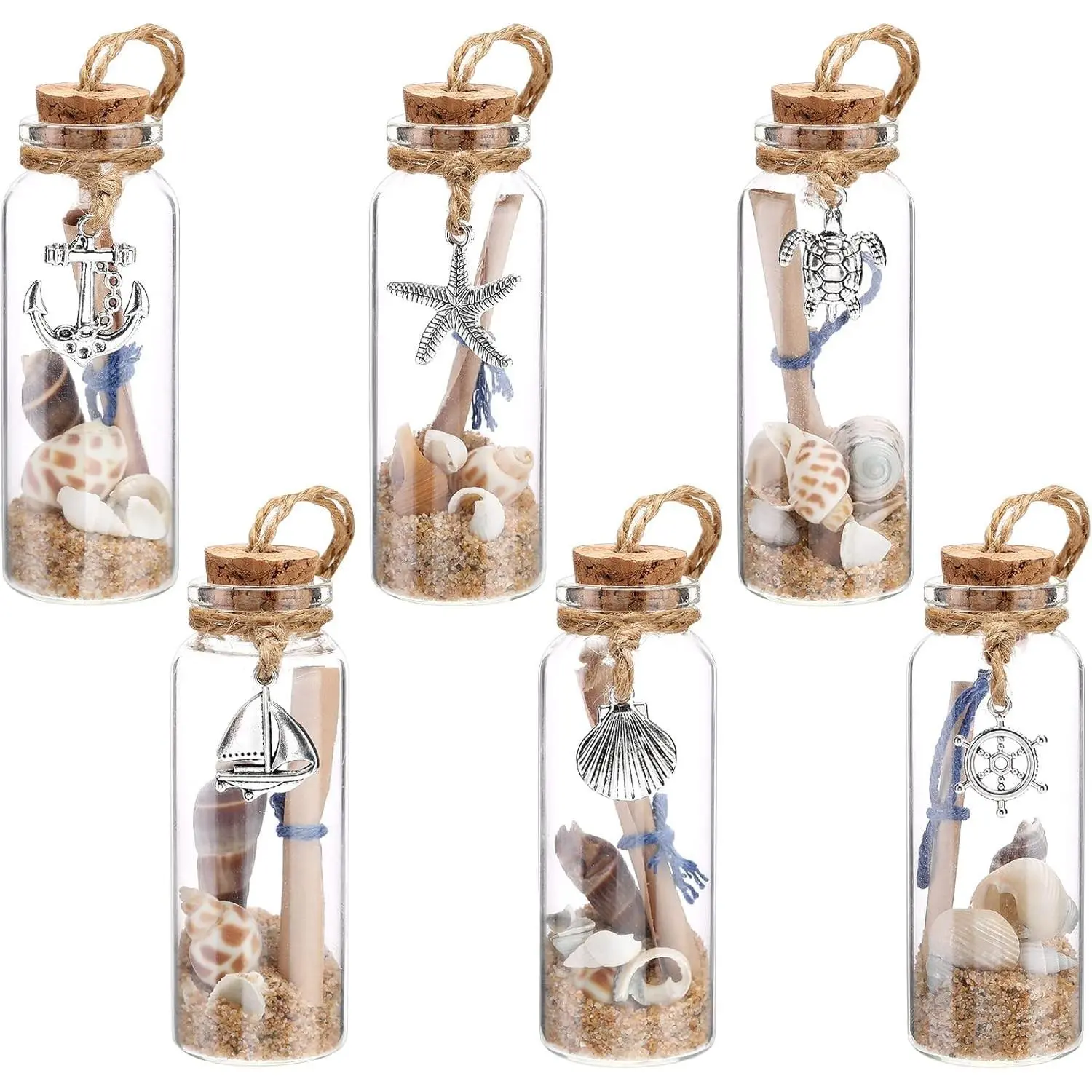 6 Pcs Coastal Beach Ornaments Nautical Glass Message Bottle Christmas Ocean Sand Jar Hanging Ornaments Decorations with Seashell for Home Xmas Tree Wedding Baby Shower Party Favors