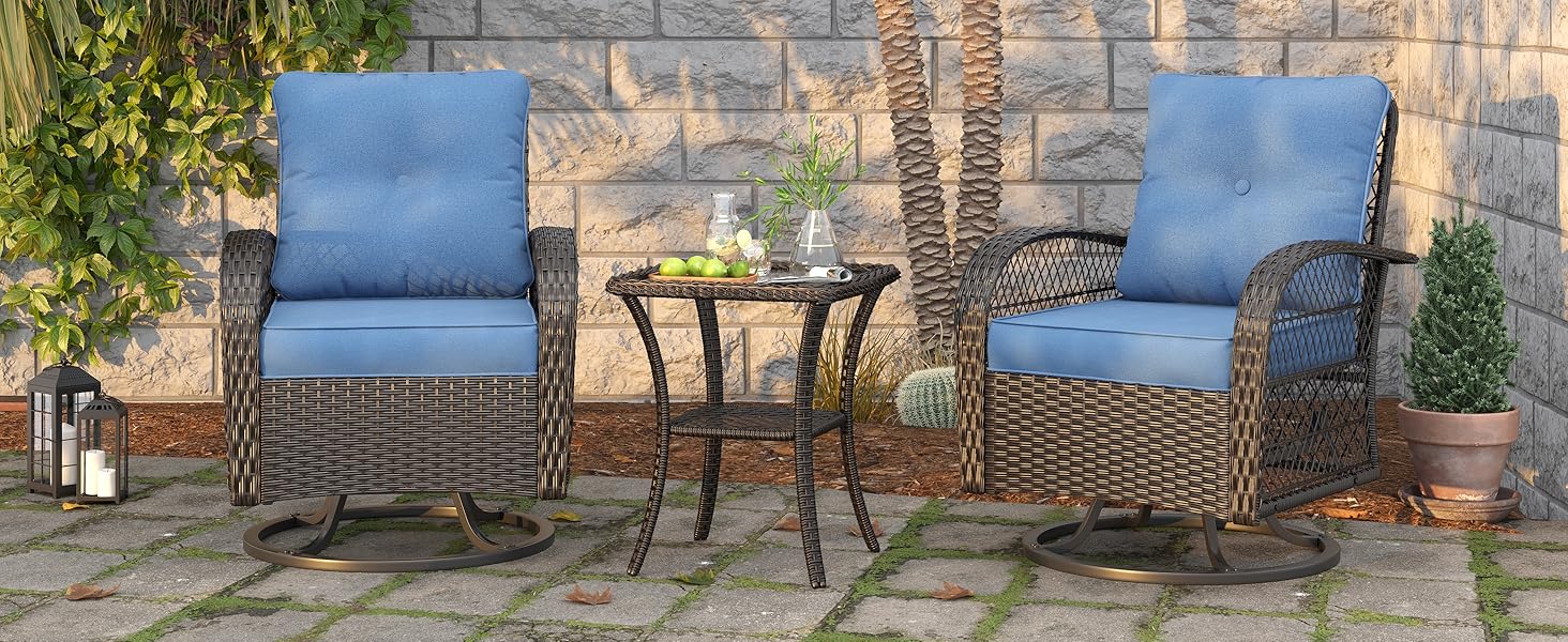Amopatio Greenish Spring 3 Pieces Patio Bistro Set, Rattan Wicker Swivel Rocking Chairs with Thickened Cushions and Table, Comfortable Outdoor Furniture for Garden Lawn