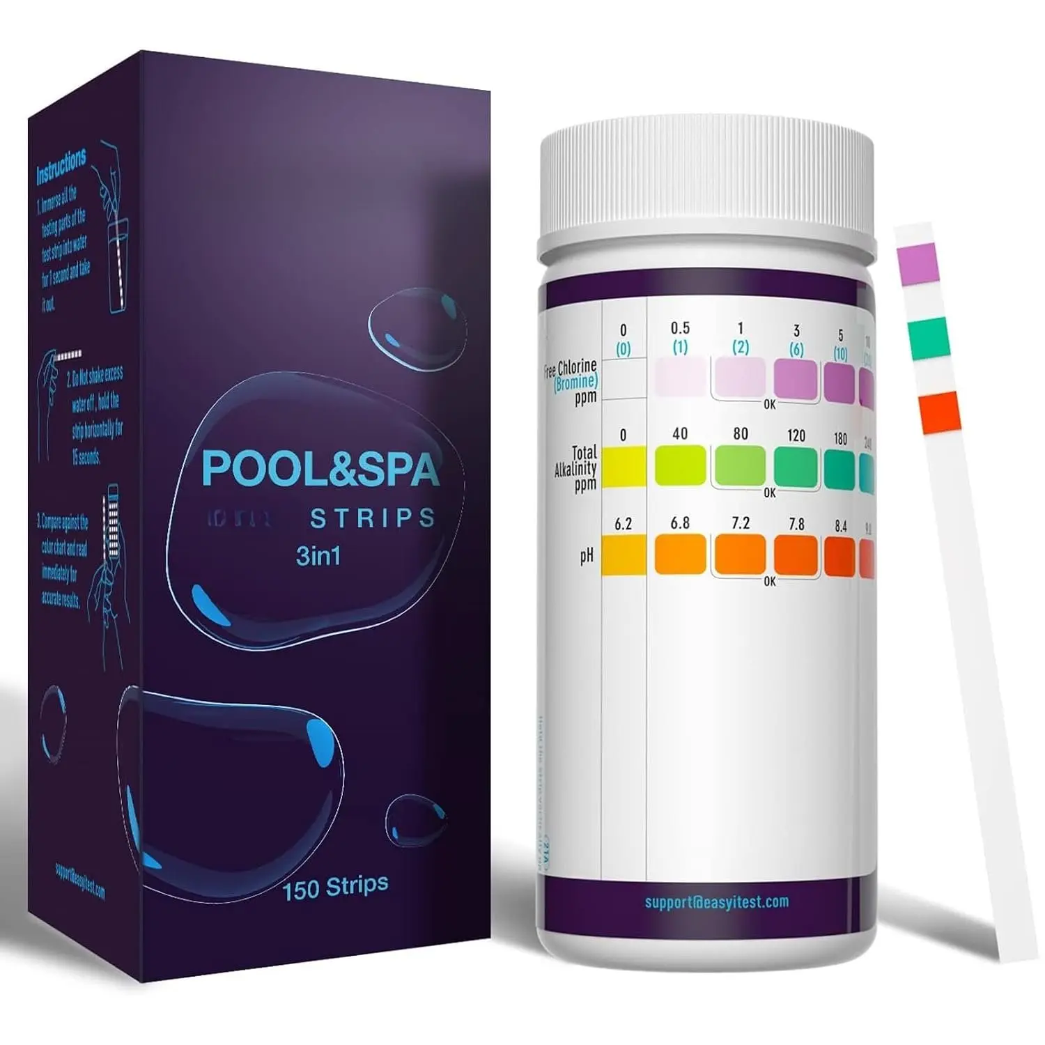 150 count 3-Way Hot Tub,  and Pool Test Strips | 15s Quick Test pH,  Alkalinity, Free Chlorine and Bromine,Pool Water Testing Kit