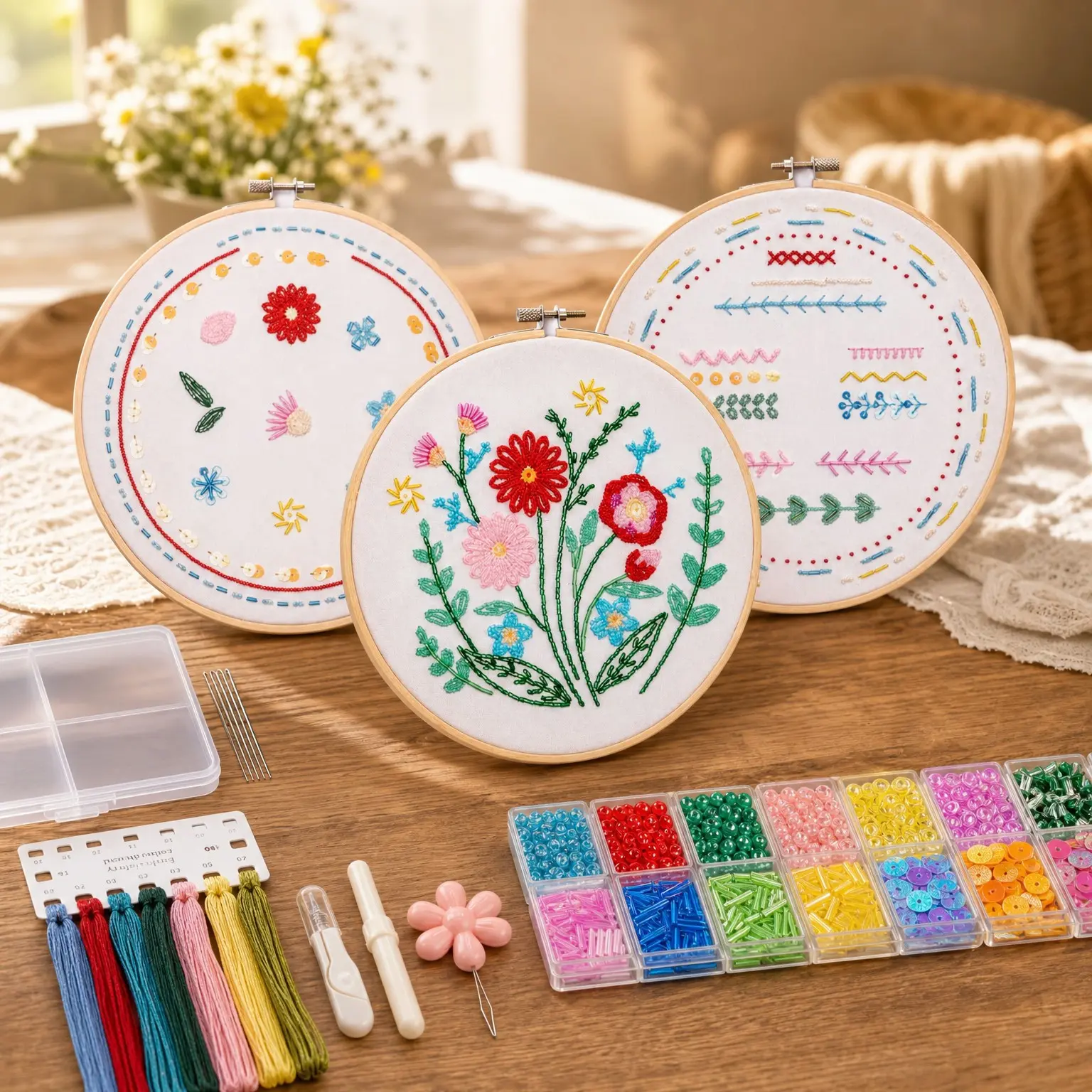 Bead Embroidery Kit for Beginners, 3 Sets, Bling Beads, 19 Stitches, Video Tutorial & Instructions, Step-by-Step Beading Supplies for Adults, Gifts & CraftsGift
