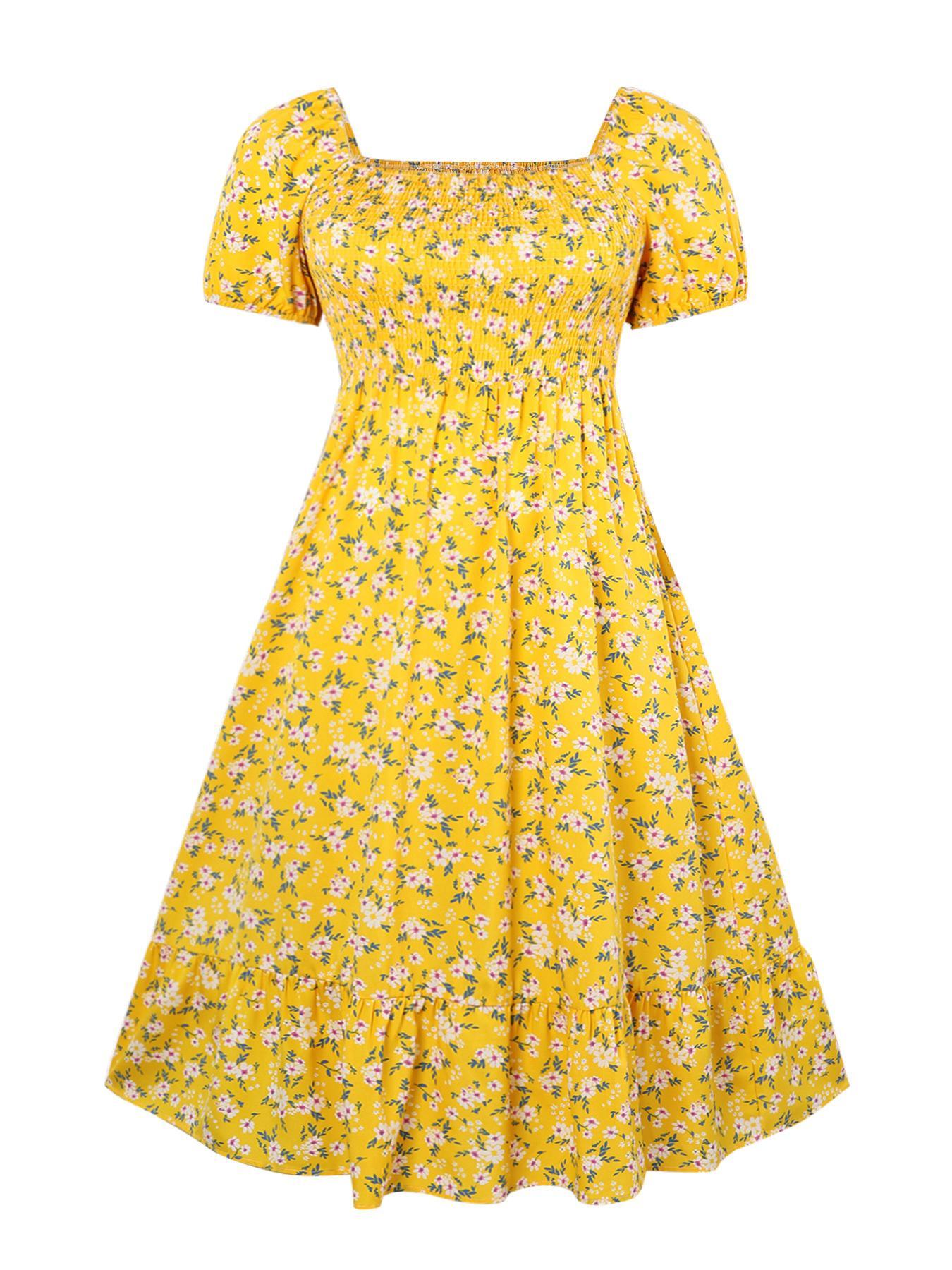 【Plus Size】 Frenchy Style Ditsy Floral Print Puff Sleeve A Line Maxi Dress, Square Neck Shirred Dress, Dresses for Women, Women's Clothes for Summer, Casual Wear