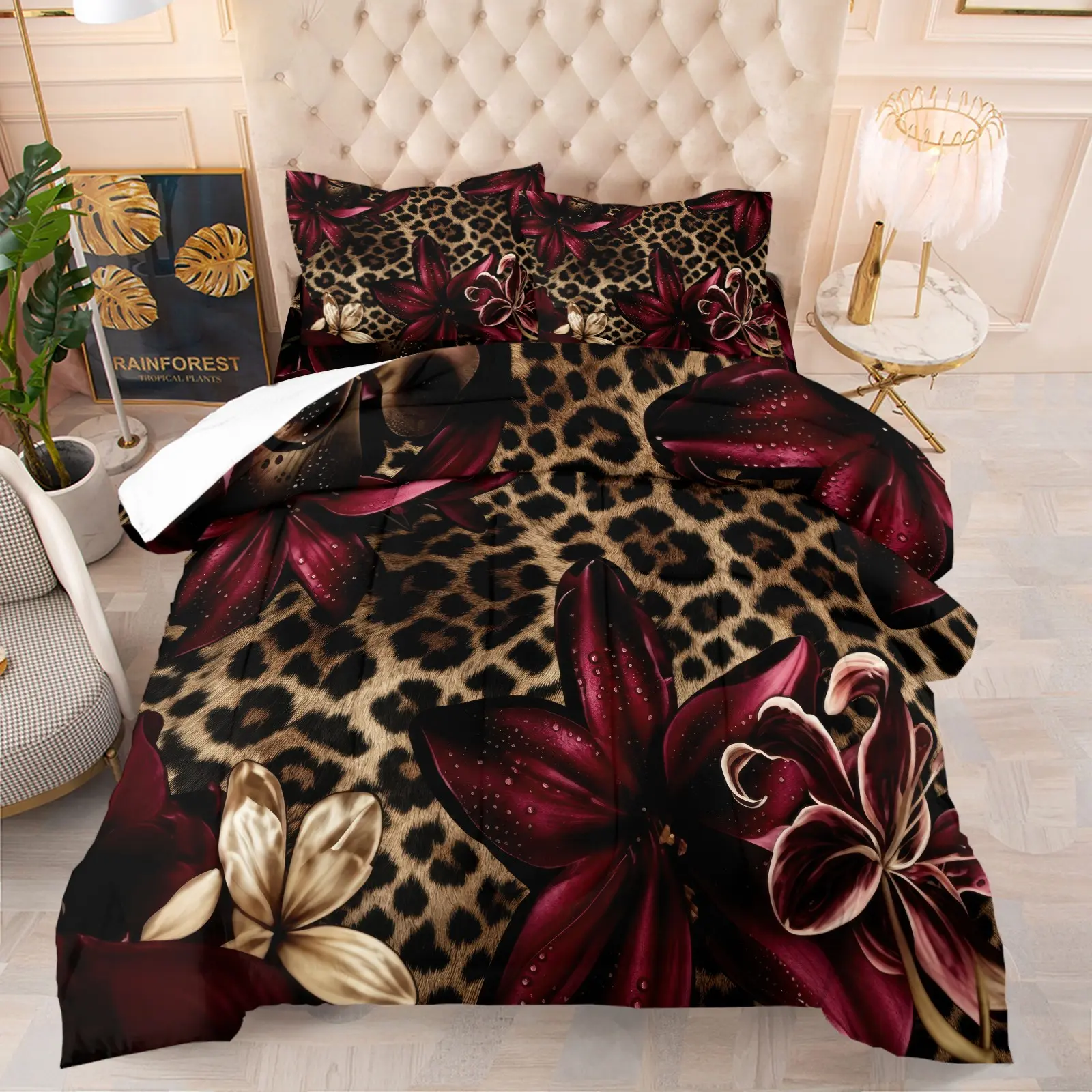 Leopard Print Burgundy Lily Retro Wild Floral Comforter Set, Soft Lightweight Quilt, Ideal for Dorms, Hotels, Bedrooms, All Seasons Comfortable Design, Easy Care, Includes 1-2 Coreless Pillowcases