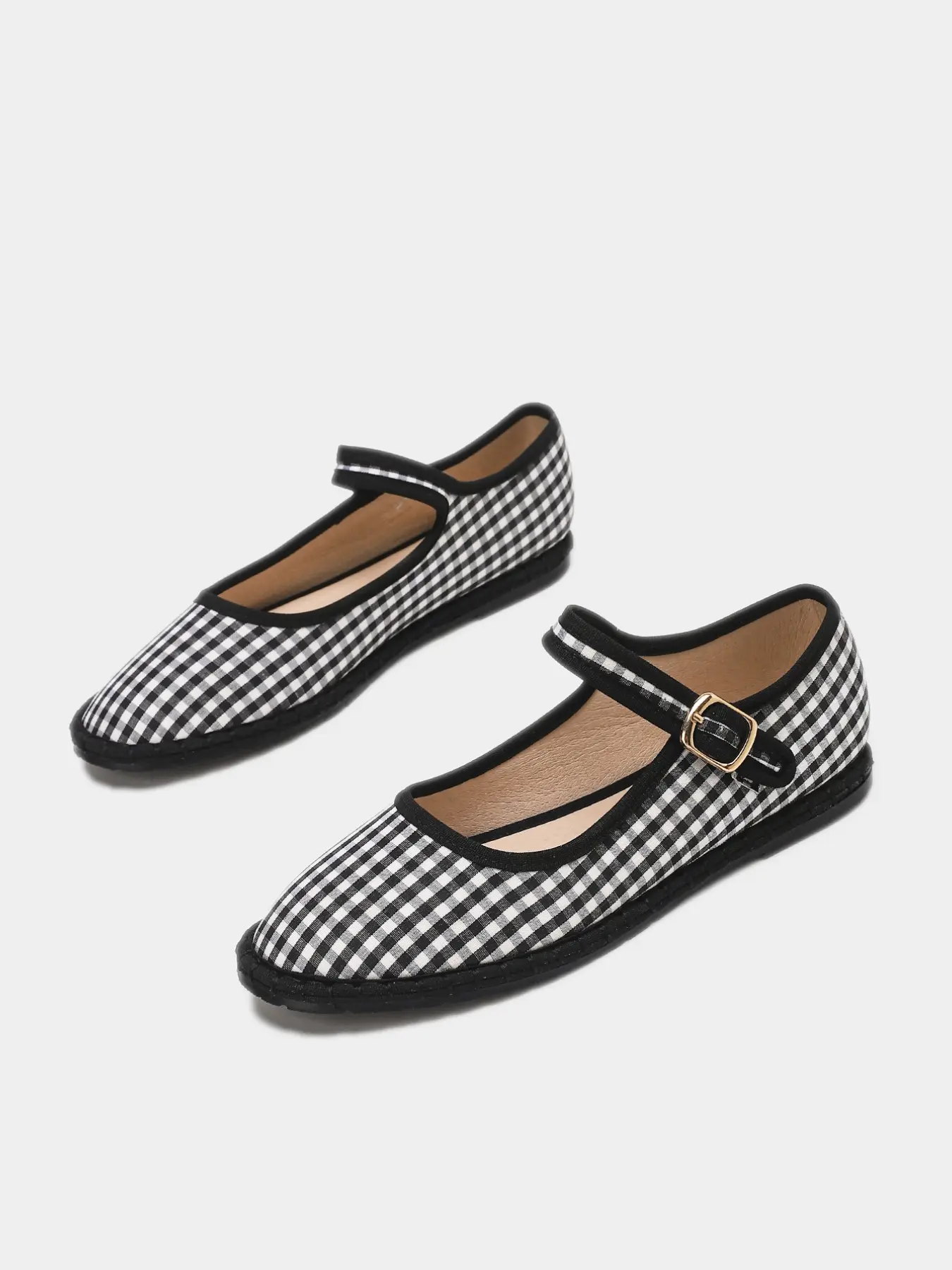 Women’s Gingham Mary Jane Flats, Round Toe Fabric Flat Shoes with Adjustable Buckle Strap for Daily Wear, Walking and Travel