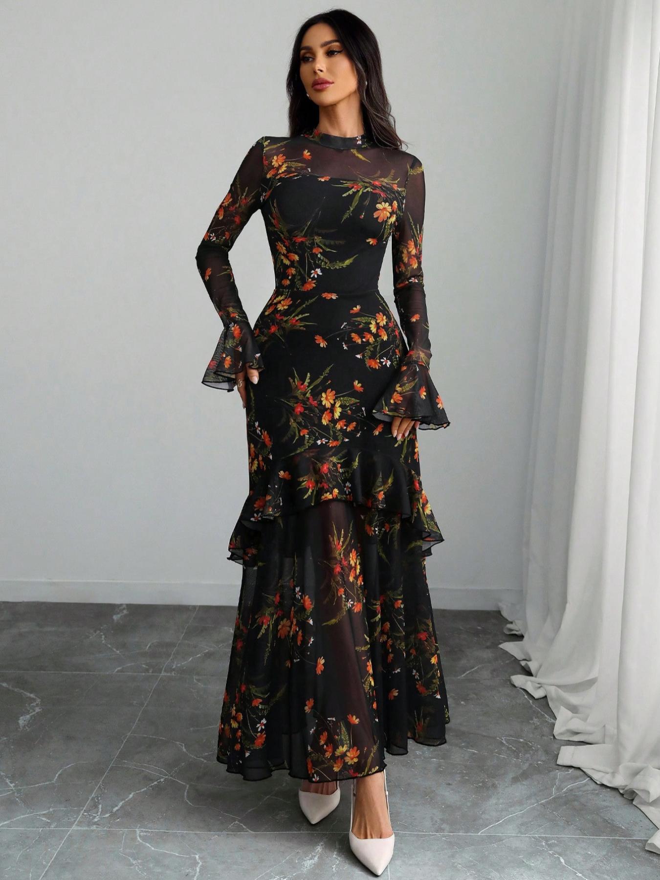 Women's Floral-Print Fitted Dress, Elegant Feminine Vintage Gothic Aesthetic Flared Long Sleeve Dress for Party Holiday Wedding Guest, Ladies' Clothes for All Seasons, Elegance, Garden Formal Dresses for Wedding Guest