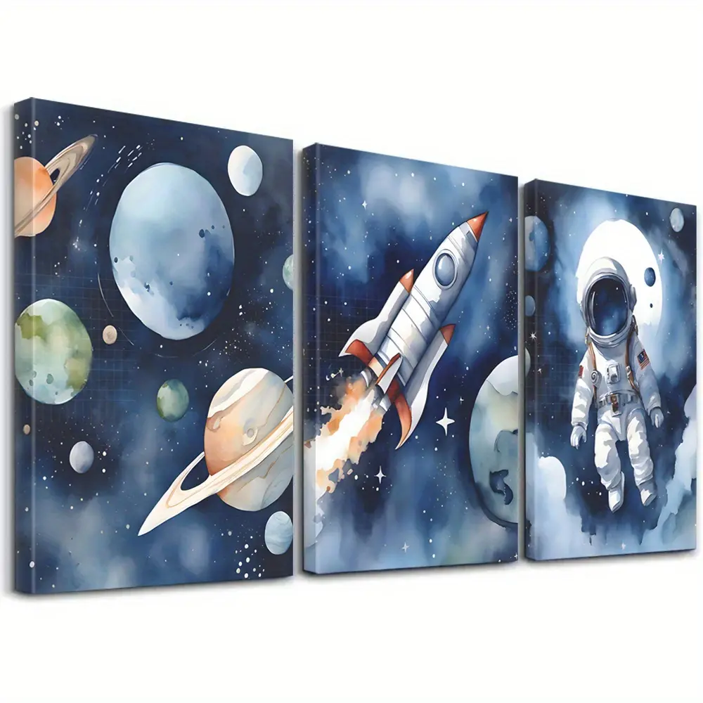 2D Printed Space Canvas Wall Art, Astronaut Rocket Planet Triptych Canvas Print, Galaxy Theme Wall Decor for Kids Bedroom Gaming Room Home Decoration