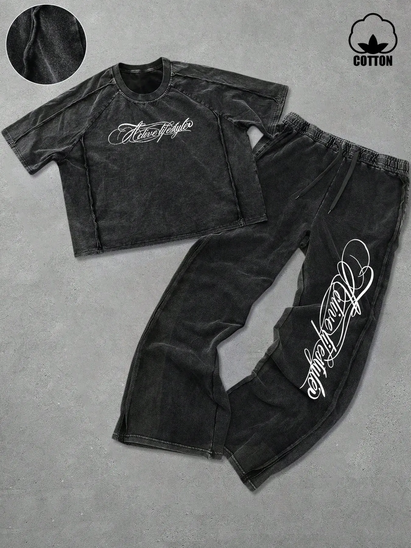 Men's Y2K Post-Apocalyptic Two-Piece Set, Short Sleeve T-Shirt and Wide Leg Pants, Vintage Washed, Letter Print, Casual Summer