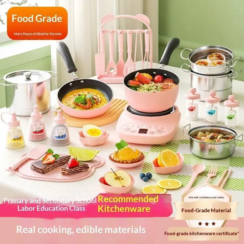 Wholesale Cross Border Full Set Mini Real Cooking Kitchen Maifanstone Non Stick Cookware Educational Pretend Toy For Girls Kids