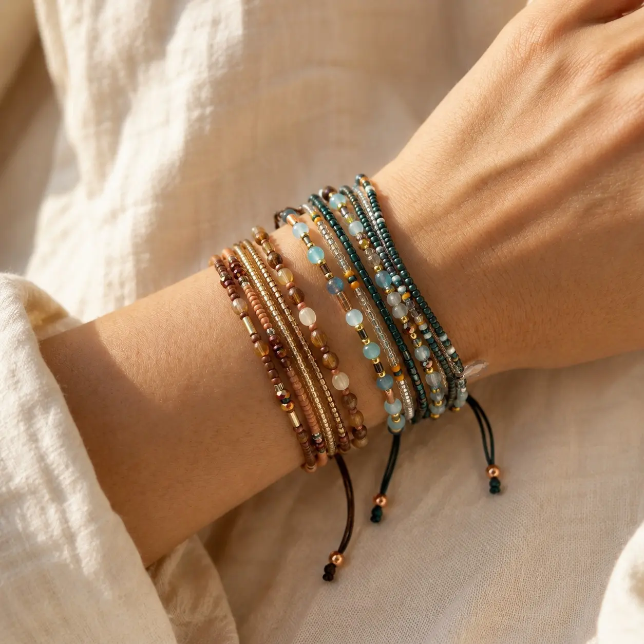 Women's 2-Piece Boho Layered Adjustable Bracelet Set - Brown, Deep Green Beach-Style Stackable Costume Jewelry