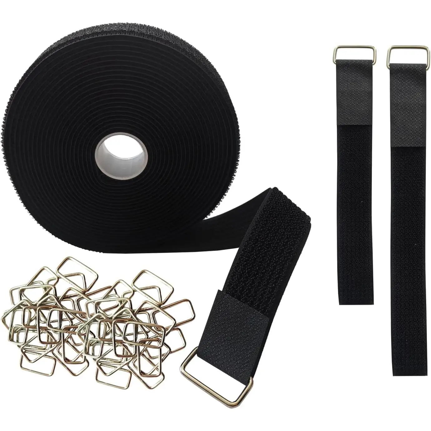 1" x16ft Hook and Loop Straps with 25 Metal Buckles,  Cinch Straps,Adjustable Multi-Purpose  Straps 1 inch Wide,  Nylon Securing Cord Ties for Organizer or Storage (Black)