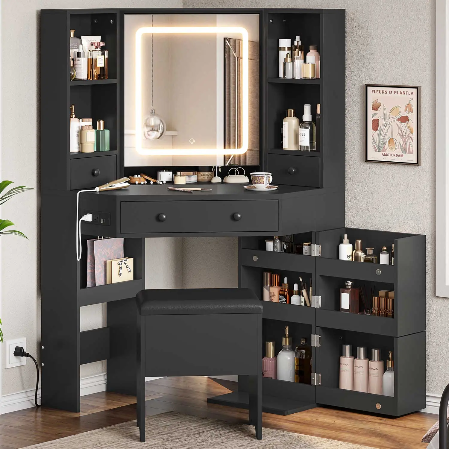 SIKAIC Black with Drawer Makeup Vanity Desk - Lighted Mirror, Matching Stool, Open Shelves, Hidden Storage Cabinet, Charging Station for Bedroom, With Drawer Makeup Vanities