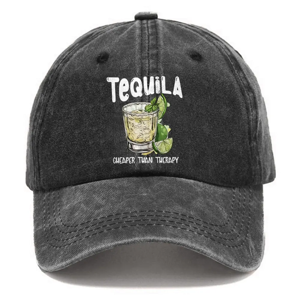 Graphic Baseball Cap, Unisex "Tequila Cheaper Than Therapy" Distressed Vintage Washed Denim Hat, Adjustable and Breathable