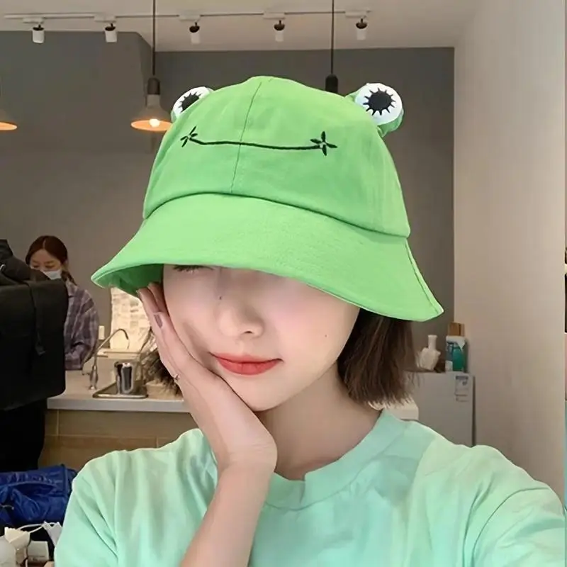Unisex Polyester Green Frog Outdoor Hat - 3D Eyes, Embroidered Smile, Cute Frog Face, Adjustable Buckle, Y2K Accessory for Teens, Casual Outings, Festivals, Summer Outfits