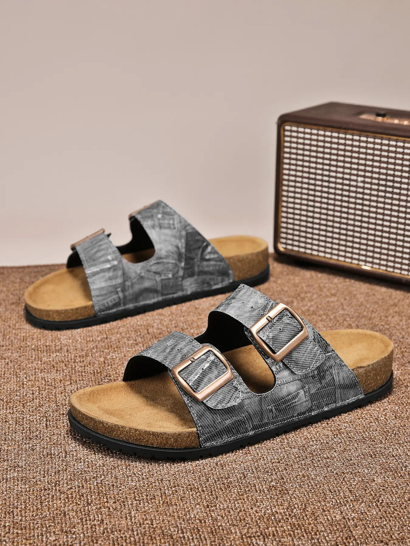 Vintage Washed Denim Slippers, Adjustable Buckle, Eva Sole, Synthetic Leather, All Seasons, Comfortable & Durable