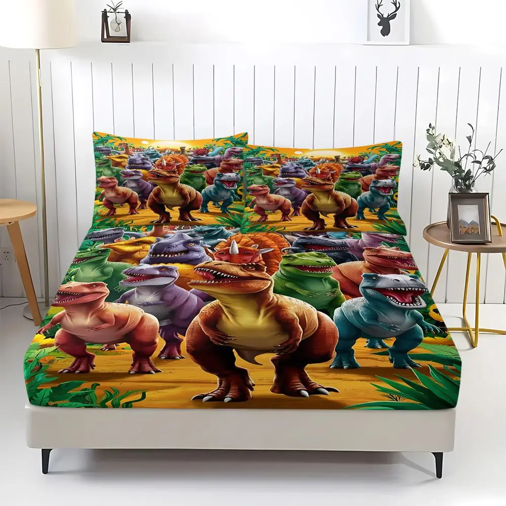 3Pcs Dinosaur Print Fitted Sheet Set (Includes 1 Fitted Sheet And 2 Pillowcases). Vibrant 3D Digital Bed Sheet Set, Printed Bedding Set, Soft & Breathable Bedding For All Seasons. Deep Pocket, Non-Slip, Perfect For Kids Bedroom, Twin/Full/Queen Size.