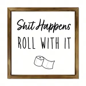 Funny Bathroom Wall Art - "Shit Happens Roll With It" Framed Wood Sign, Modern Farmhouse Restroom Decor, Canvas Poster Print for Home Apartment, Hilarious Housewarming Gift