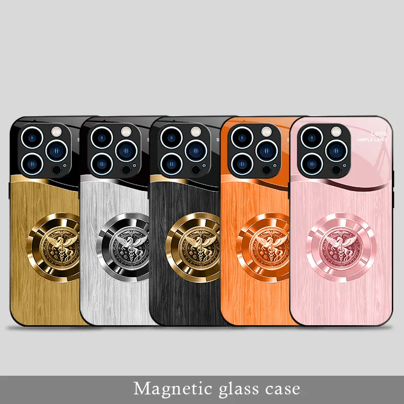 Shockproof Aesthetic Phone Cover for iPhone 13 Pro Vintage Luxury Gold Pegasus Metal Emblem Wood Grain Magnetic Magsafe Glass Case