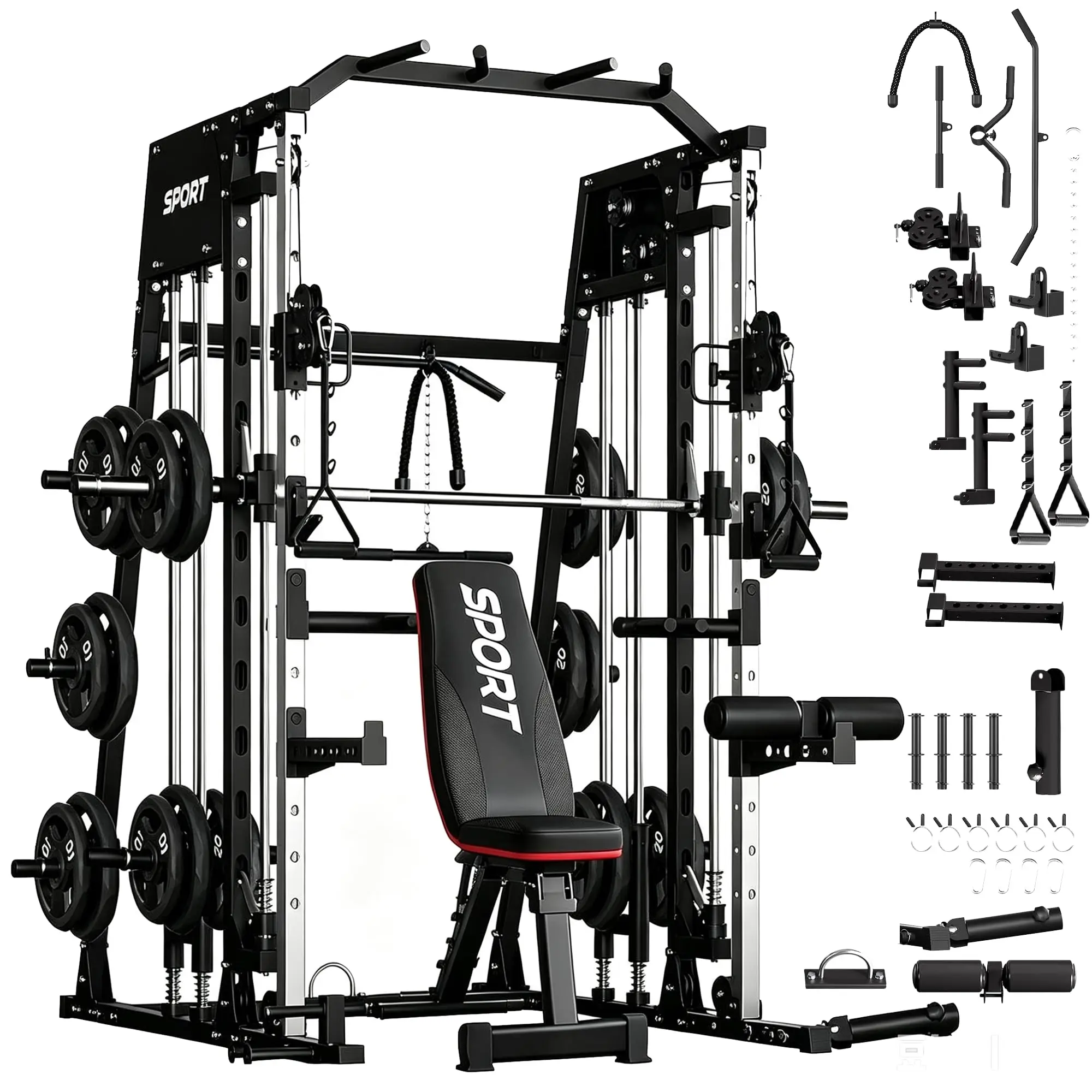 GAOMON Smith Machines Home Gym with Bench,Squat Rack with Weight Bar, Dual LAT Pull-Down Systems & Cable Crossover Machine for Full-Body Workouts Training