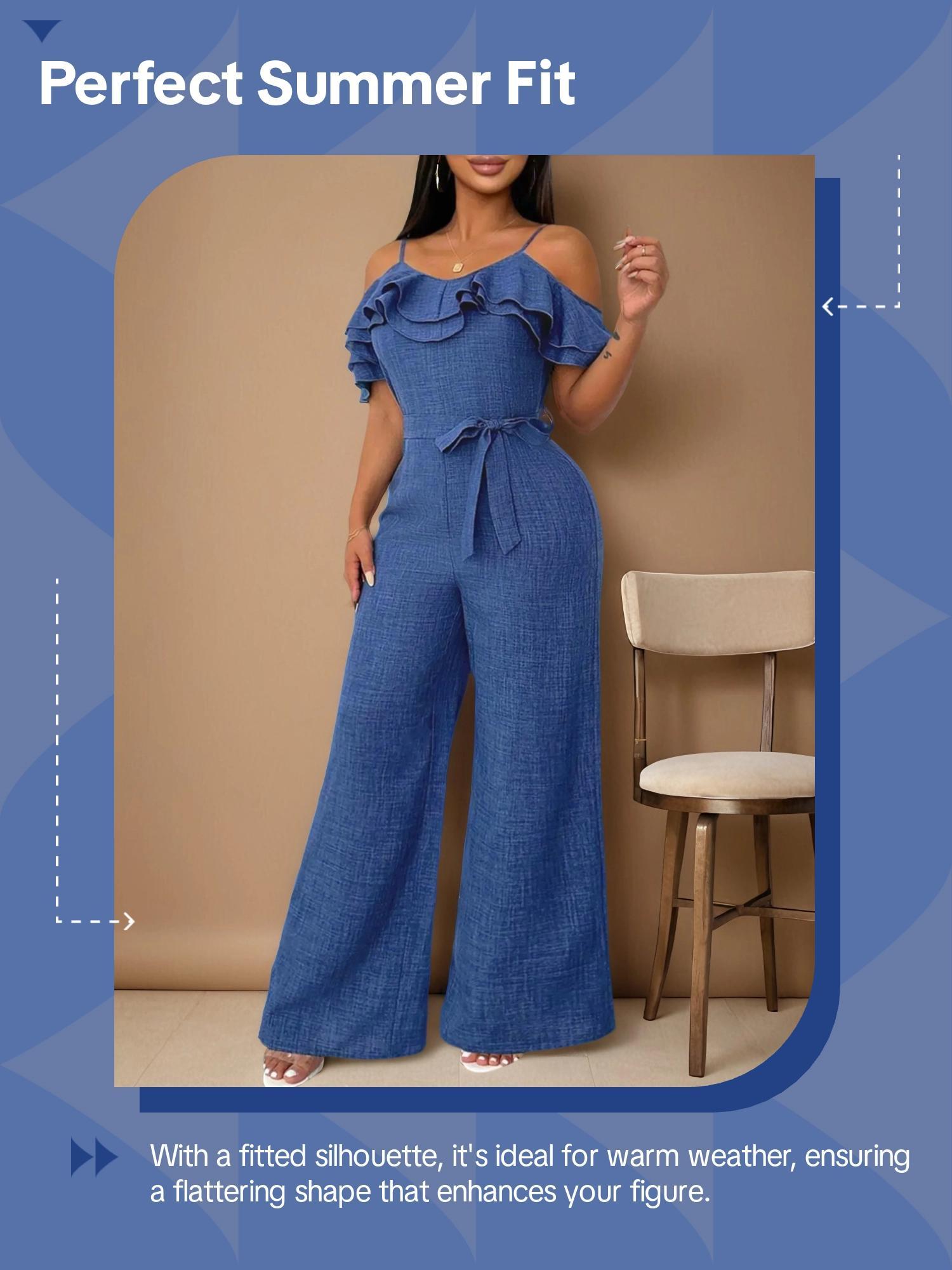 Women's Solid Color Ruffle Trim Jumpsuit, Casual Sexy Belted Jumpsuit for Summer, Women's Jumpsuit for Daily Wear