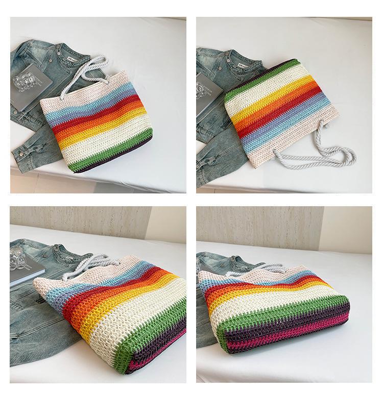 2026 New Women Fashion Shoulder Bag Rainbow Striped Color Block Straw Bag Large Capacity Beach Bag for Vacation