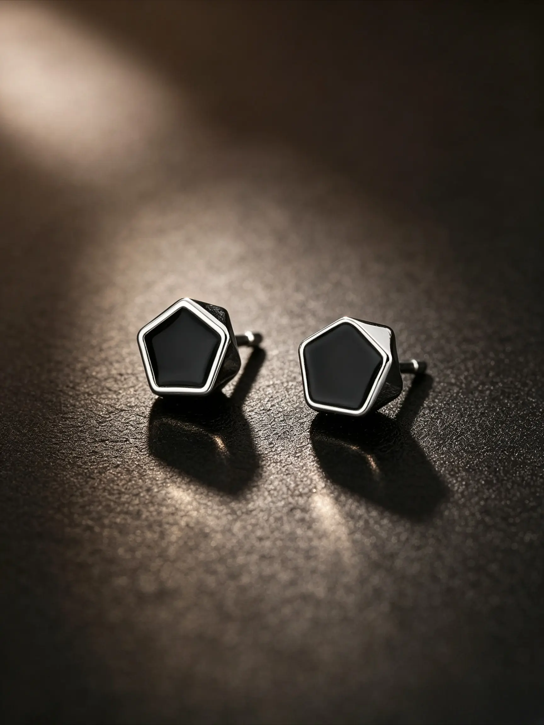Pentagon Glitter Enamel Geometric Stud Earrings, Silver Black Two Tone Stainless Steel Flat Back Piercing Earrings, Anti-Tarnish Hypoallergenic Minimal Hip Hop Punk Unisex Daily Stacking Ear Accessories