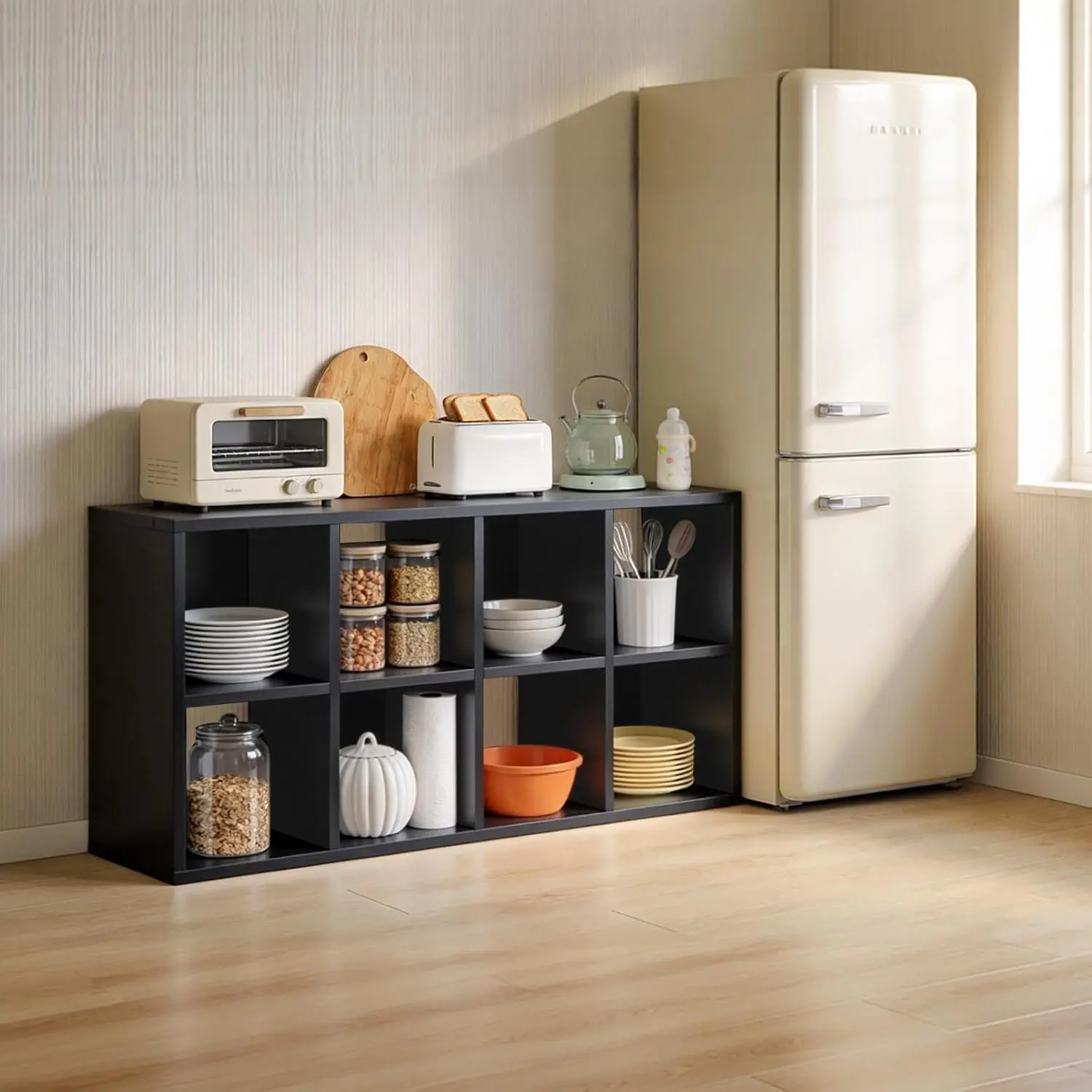 8-Cube Storage Organizer, Stackable Modular Bookcase Shelf with Vertical or Horizontal Use, Fits 11×11" Bins, Optional Back Panels, for Living Room, Office, Black