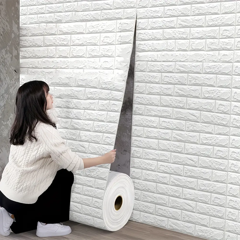 1pc PS Foam 3D Brick Wallpaper Sticker - 19.7" x 196.85" Self-Adhesive Peel And Stick Wallpaper For Bathroom Waterproof Moisture-Proof Wall Decor for Bedroom Renovation - Irregular Foam Brick Pattern, Hanging Decorative Tiles, Transverse Orientation