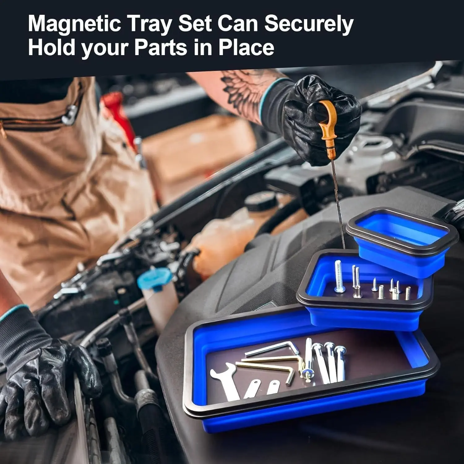 Foldable Magnetic Parts Tray Set, 3 Sizes Tool Trays for Screws Bolts Nuts Washers Pins, Blue Strong Magnet Disk, Mechanical Tool Gift