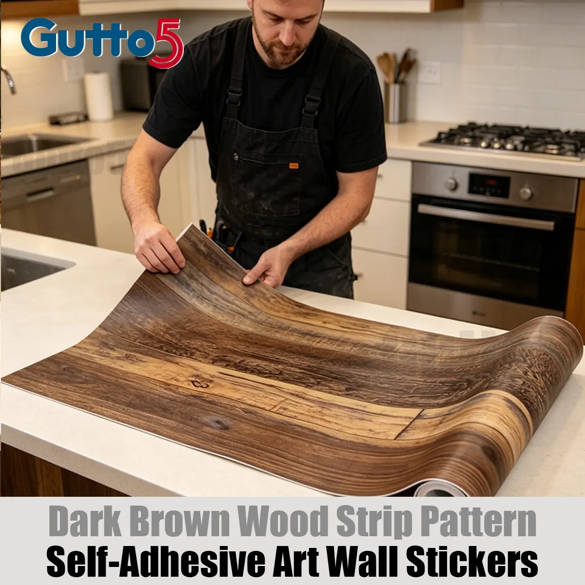 Gutto5 Self-Adhesive Dark Wood Strip Interior Wall Wallpaper, Thick Wear-Resistant, Quick Refurbish, Modern Minimalist Decor, Easy Install