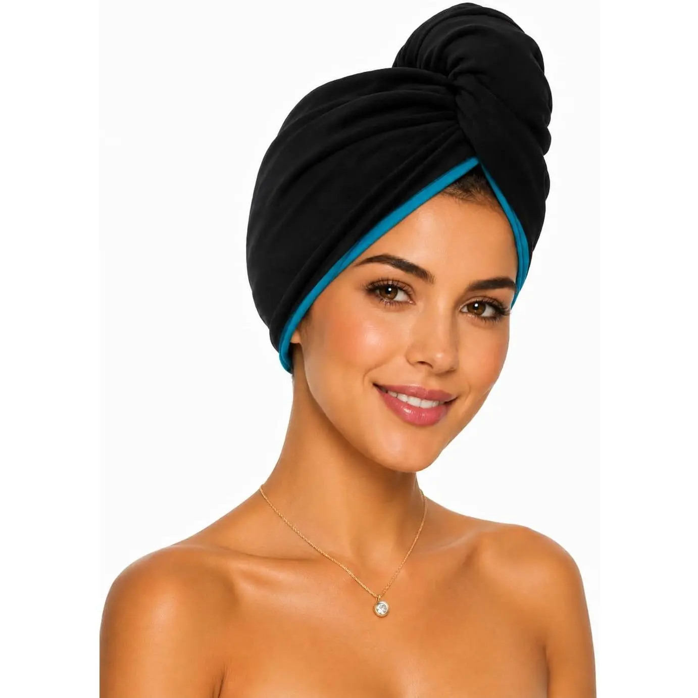 T-Shirt Hair Towel Wrap Plopping Essential Turban Style Hair Drying Towel for Women and Men  Hair Types and Styles, Black/Aquamarine Reversible