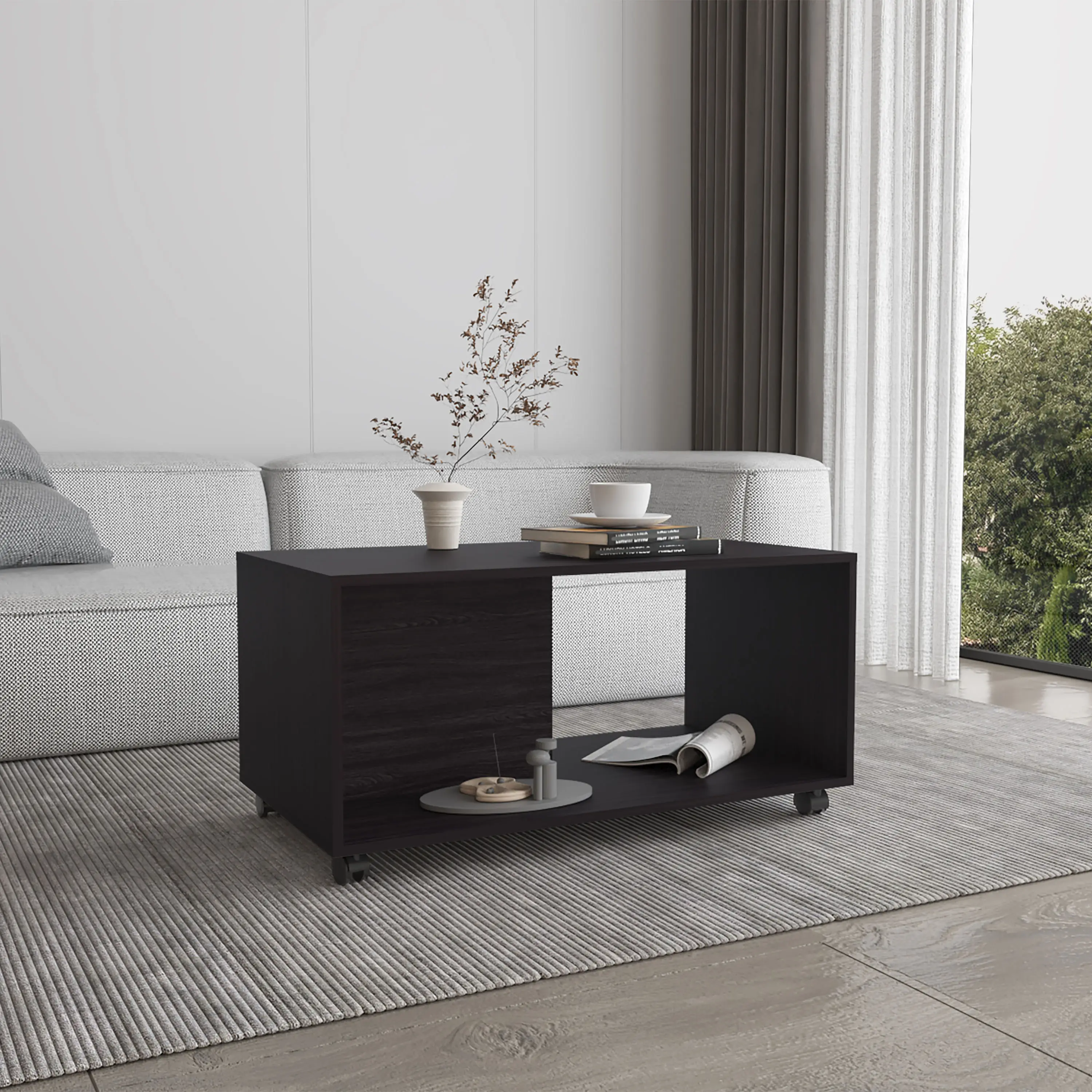 Nokaa Rolling Coffee Table with 4 Rolling Wheels, Storage Shelf, Black Engineered Wood Mobile Living Room Table for Small-Medium Spaces, Contemporary Minimalist FSC-Certified Easy-Assembly Furniture, 17.8" x 19.8" x 17.8"