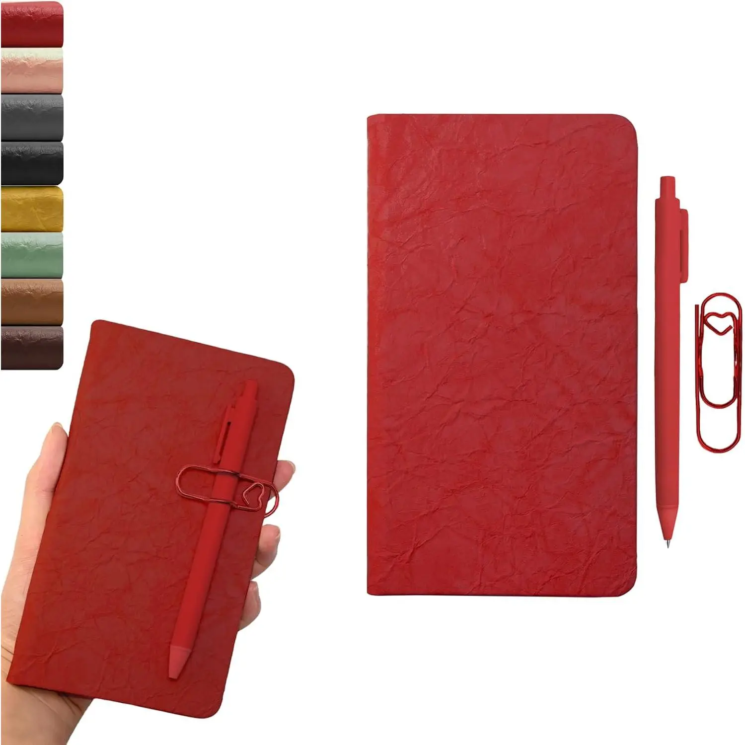 Wrinkle Leather Notebook With Pen, 3.9"x 7.1" 160 Pages A6 Lined Paper | College Ruled Notebook for Writing Note Taking,Hardcover Journal for Office School Business  Supplies (Red)