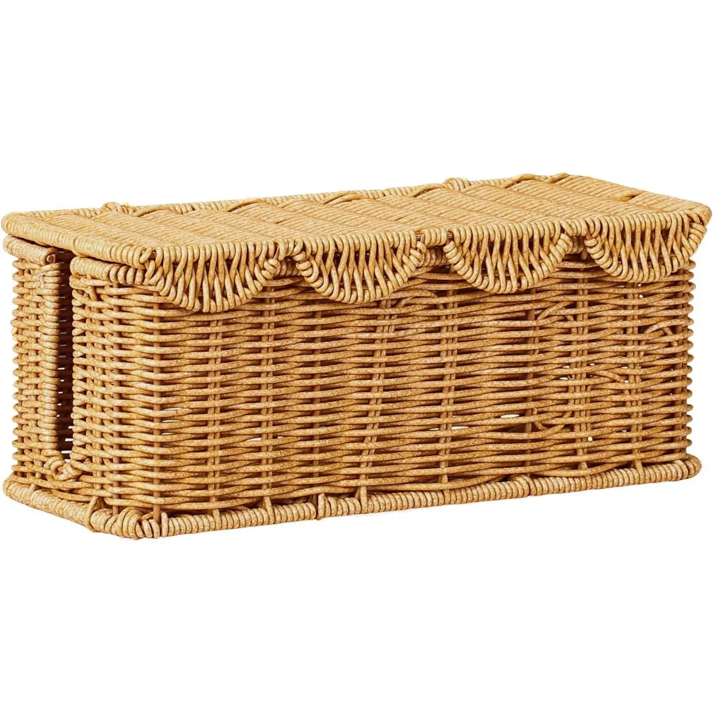 Cable Management Box Handwoven Faux Rattan Cord Basket with Lid Scallop