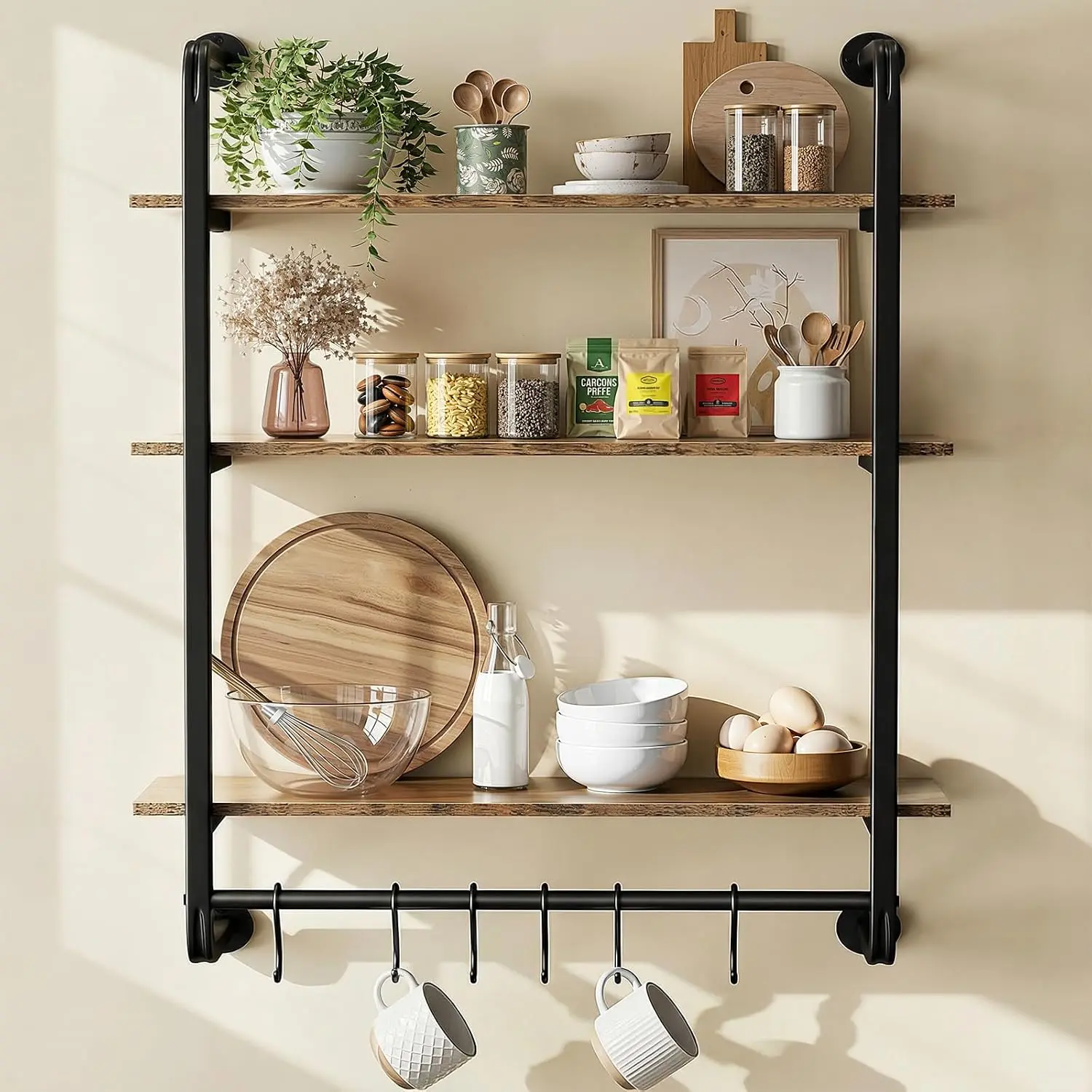 3 Tier Industrial Pipe Floating Shelf, 24" Kitchen Wall Shelves with Towel Bar & 6 Hooks, Coffee Bar Shelves Display Bookshelf Wall Shelf for Kitchen, Bathroom, Home Décor, Rustic Brown