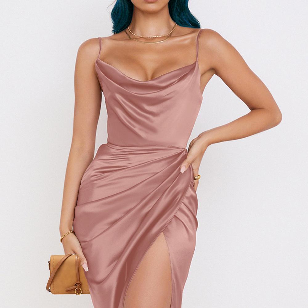 Satin Cowl Neck Midi Dress, Spaghetti Strap Ruched Bodycon Slit Dress, Elegant Cocktail Party Wedding Guest Dress for Women, Y2K Fashion Streetwear