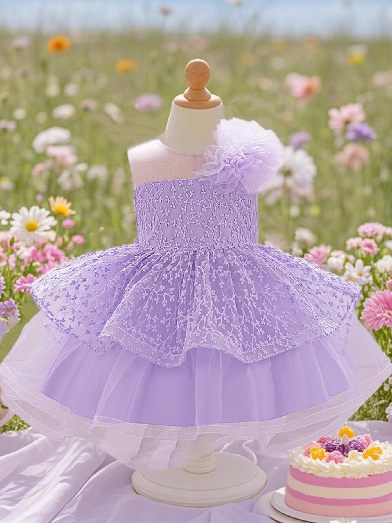 Baby Girl's Floral Print Mesh Ruffle Trim Dress, Elegant Cute Flower Decor Sleeveless Dress for Party Wedding Guest, Infant Toddler Kids Clothes for All Seasons