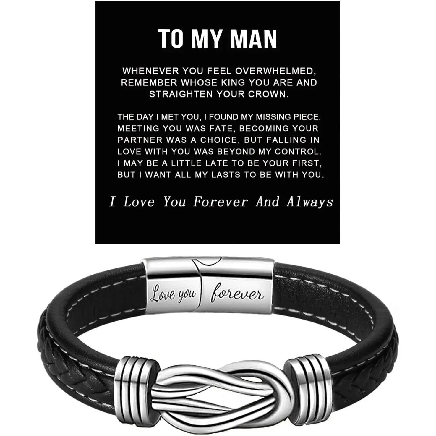 To My Man Infinity Leather Bracelet, Love You Forever and Always Stainless Steel Bracelets Husband Bracelet from Wife Valentine Birthday Christmas Fathers Gifts for Him